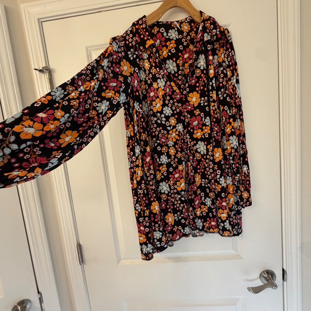 Free People Floral Mini Dress Black‎ Orange Long Sleeve V-Neck Drawstring Size S